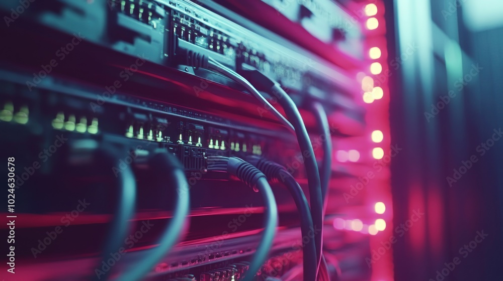 Poster close-up of server hardware with cables and illuminated lights, indicating a data center environment