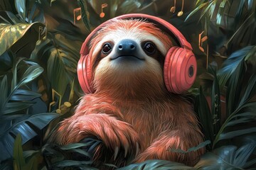 Obraz premium whimsical illustration of laidback sloth donning oversized neoncolored headphones surrounded by musical notes and rainforest foliage exuding carefree tropical vibes