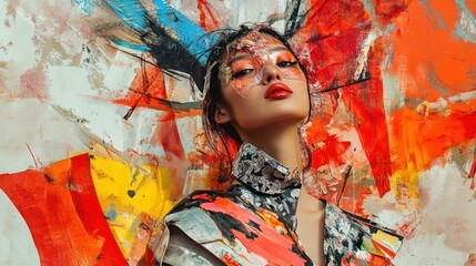 A striking portrait of a model against an abstract, colorful background.