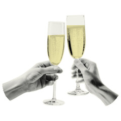 Hands holding champagne glasses with a halfton effect. Trendy retro element for a greeting card, wishes, collage, cover design.