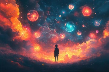 Fototapeta premium whimsical illustration of tiny people sharing colorful thought bubbles soft pastel palette dreamy atmosphere characters float amidst swirling ideas emphasizing community and creativity