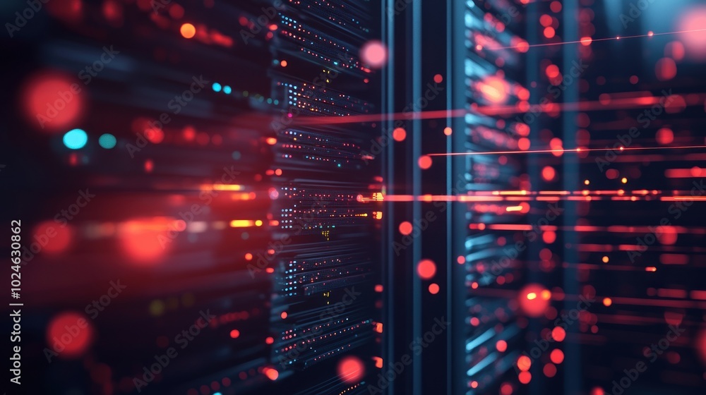 Poster abstract representation of data servers with glowing elements, symbolizing technology and connectivi