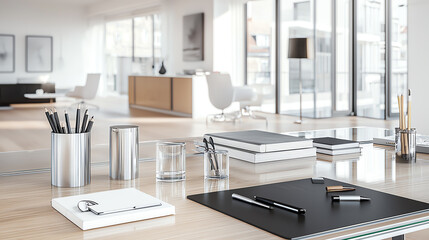 Modern office workspace with stationery and a bright, minimalistic design.