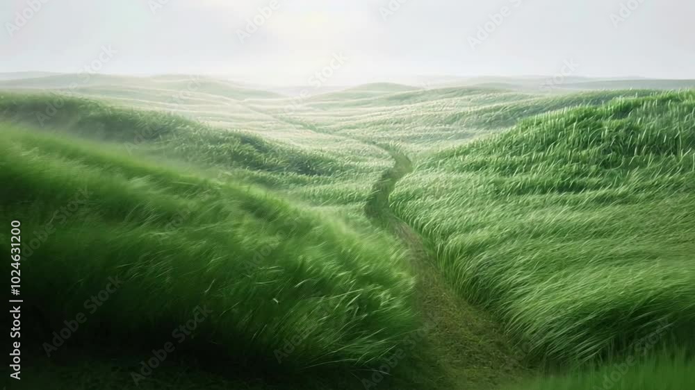 Poster A field of grass with a path running through it. The grass is tall and the sky is cloudy