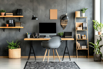 Modern workspace with plants, books, and stylish furniture against a gray wall.