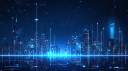 A futuristic city skyline illuminated by blue lights and digital elements.
