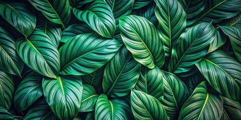 A lush tropical green foliage background featuring intricate leaf veins and textures, evoking a sense of vibrant growth and natural beauty.