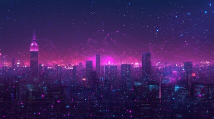 A futuristic cityscape with glowing neon lights and digital connections.