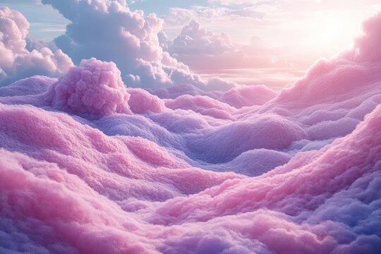 whimsical landscape of cotton candy clouds and pastelhued rolling hills soft fluffy textures and dreamy color palette create surreal sugarspun wonderland straight from imagination