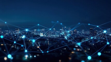 A cityscape at night with glowing network connections overlayed.