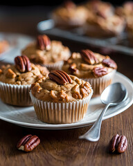 Pecan muffins arranged on a plate beside a spoon, showcasing a delightful baked treat ready to be enjoyed.
