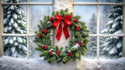 Snow covered window with asymmetrical Christmas wreath and red ribbon hanging