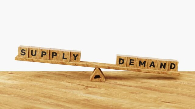 Supply vs Demand concept. Business competition, supply chain, market situation, world economic, cost and retail, 3D supply vs demand on balance scale. 4K 3D loop animation