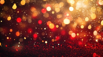 A blurred background with red and gold bokeh lights and glitter.