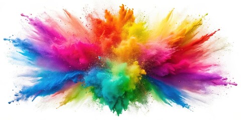 An abstract explosion of vibrant colors erupts in a magnificent burst, creating a captivating spectacle of swirling hues against a pristine white background.