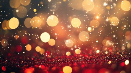 Abstract festive background with red glitter and blurry lights.
