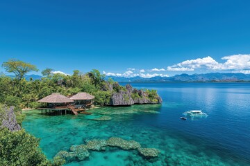 Fototapeta premium A serene tropical island with clear blue waters, vibrant coral reefs, and a picturesque overwater bungalow.