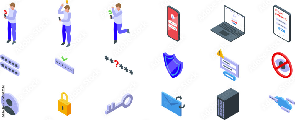 Poster forgot password icons set. isometric set of programmers trying to recover password and using cyberse