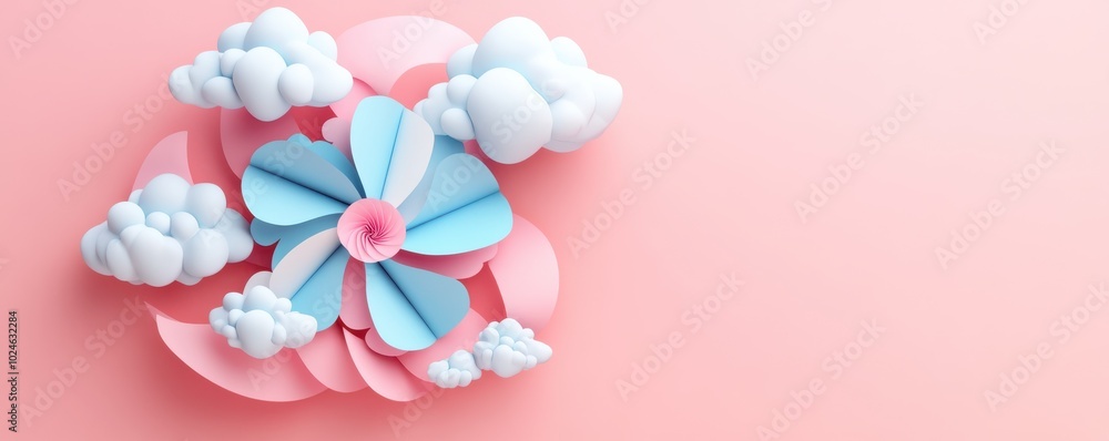 Poster pastel paper pinwheel surrounded by fluffy clouds on a soft pink background creating a whimsical and