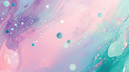 Abstract background with pink and blue swirls and white and blue dots.