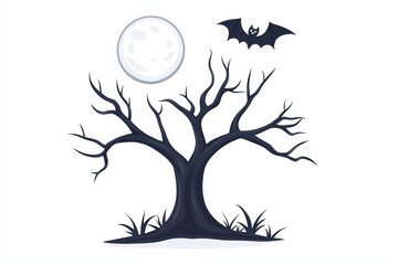 Fototapeta premium A spooky silhouette of a dead tree with a full moon and a bat overhead on a white background.