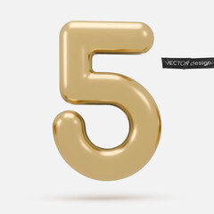 Golden icon, 3d render number 5, five, sign. Realistic design element. Vector illustration isolated on white background for postcard, icons, poster, banner, web, design, arts