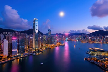 Naklejka premium A stunning night view of a vibrant city skyline reflecting on the water.