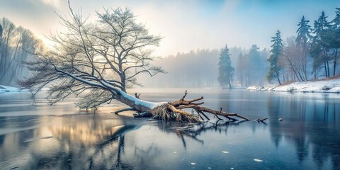 Snow-covered frozen lake with uprooted tree in winter forest