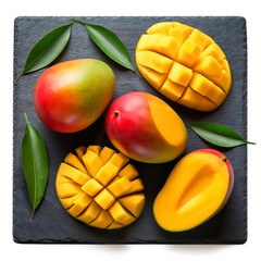 mangoes with slices and green leaves, either whole or halved, isolated on a white background