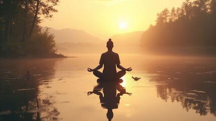 Peaceful Scene of a Meditating Figure Surrounded by Nature Elements and Calm Water