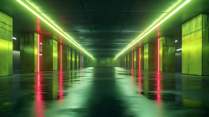 Fototapeta premium Green and Red Neon Lights in a Concrete Corridor - 3D Illustration
