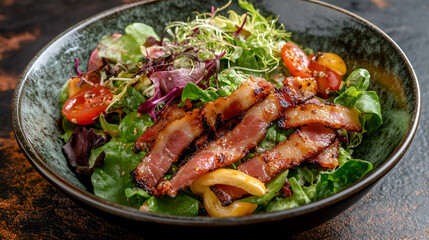 Salad with beef tongue and vegetables on a plate, Restaurant,Grilled sliced meat with roasted vegetables and herbs,Delicious beef steak with salad, herbs and chilli
