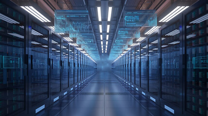 high-tech data warehouse, featuring rows of modern servers with blinking lights in a vast, secure facility, data center, big data