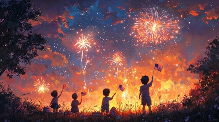 Fototapeta premium Kids Watching Fireworks Display on Independence Day