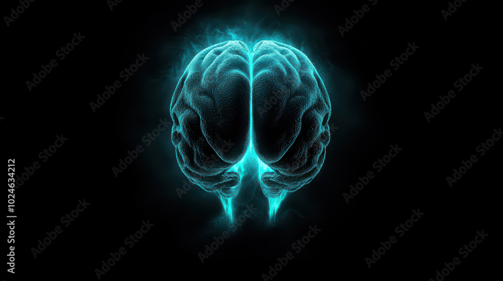 Poster abstract representation of a glowing brain, emphasizing intelligence and cognition on a dark backgro