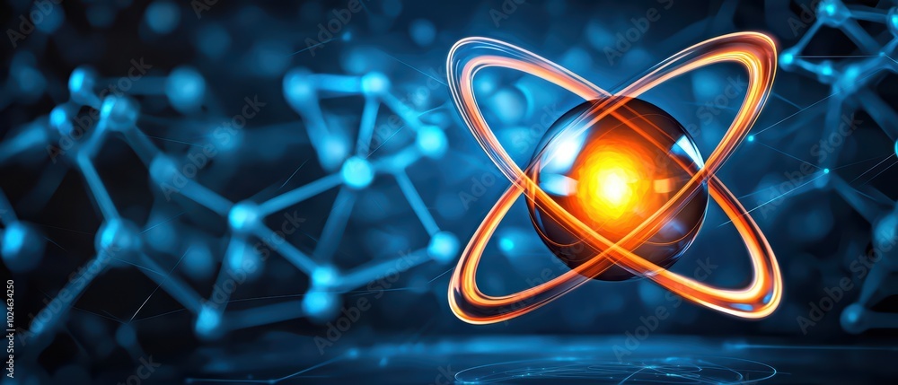 Poster abstract representation of an atom with glowing nucleus and orbiting electrons for educational and s