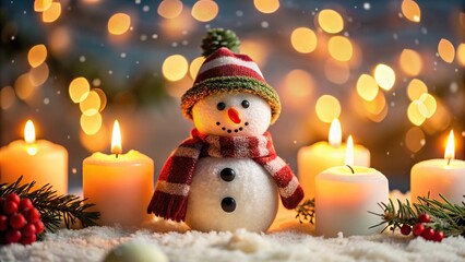 Obraz premium snowman with candles arounds and bokeh background extreme close-up