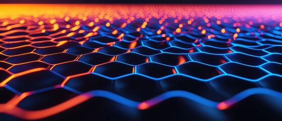 Fototapeta premium Abstract vibrant hexagonal pattern with glowing lights, showcasing a futuristic design on a dark surface.