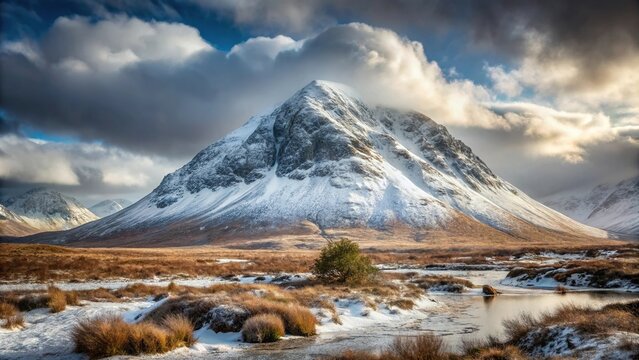 snowstorm at buachaille etive mor on rannoch moor and glencoe in scottish highlands