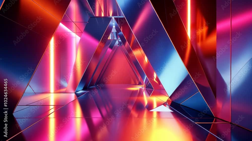 Poster A neon colored room with a large triangle in the middle. The room is filled with bright colors and the triangle is the focal point