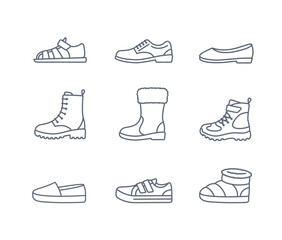 Kids shoes collection. Basic types of footwear for children. Sneakers, sandals, winter boots, ballet flats, espadrilles. Simple line icons for kids clothing shop. Outline pictograms, editable stroke