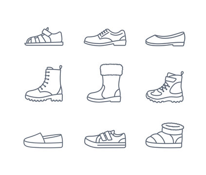 Kids shoes collection. Basic types of footwear for children. Sneakers, sandals, winter boots, ballet flats, espadrilles. Simple line icons for kids clothing shop. Outline pictograms, editable stroke
