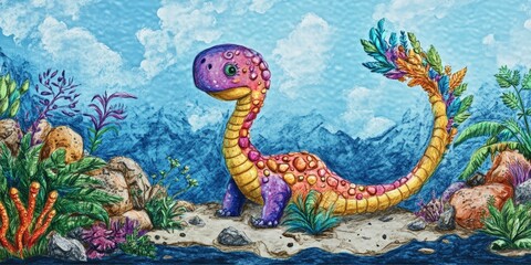 Fototapeta premium Colorful dinosaur stands on sandy shore.