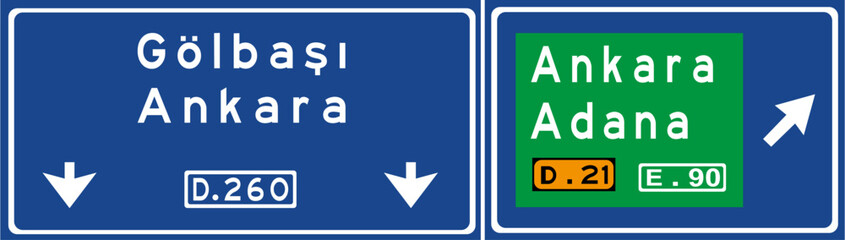 Fototapeta premium Warning Signs, Turkey Highway Standard Traffic Signs (Turkish: Karayollari Standart Trafik Isaret Levhalari, Tehlike Uyari Isaretleri, Kaplama Ustu Yon Levhasi) 