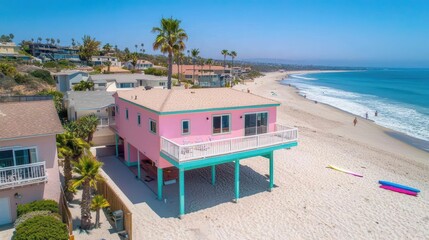 Obraz premium Bright pink beach house overlooking a sunny oceanfront, surrounded by palm trees and sandy shore.