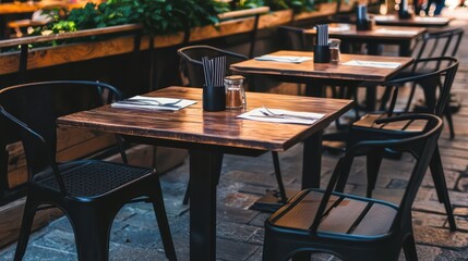 Charming outdoor cafe scene with wooden tables, black chairs, and lush greenery in a vibrant urban setting.
