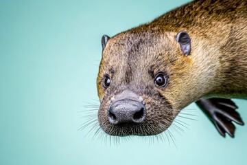 Close-up of a playful animal with distinctive features against a soft background.