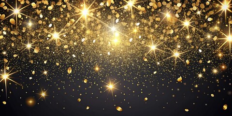 Golden confetti and sparkling stars on a black background, creating a festive and celebratory atmosphere.