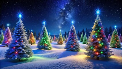 Snowy landscape with colorful Christmas trees at night