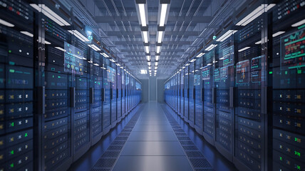 high-tech data warehouse, featuring rows of modern servers with blinking lights in a vast, secure facility, data center, big data
